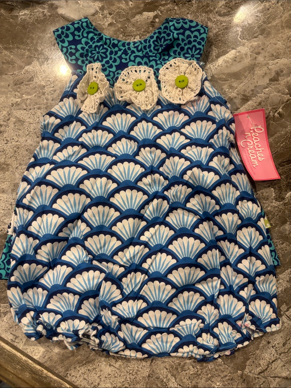 Peaches 'n Cream Blue Shell-Print Baby One-Piece with Crochet Flowers
